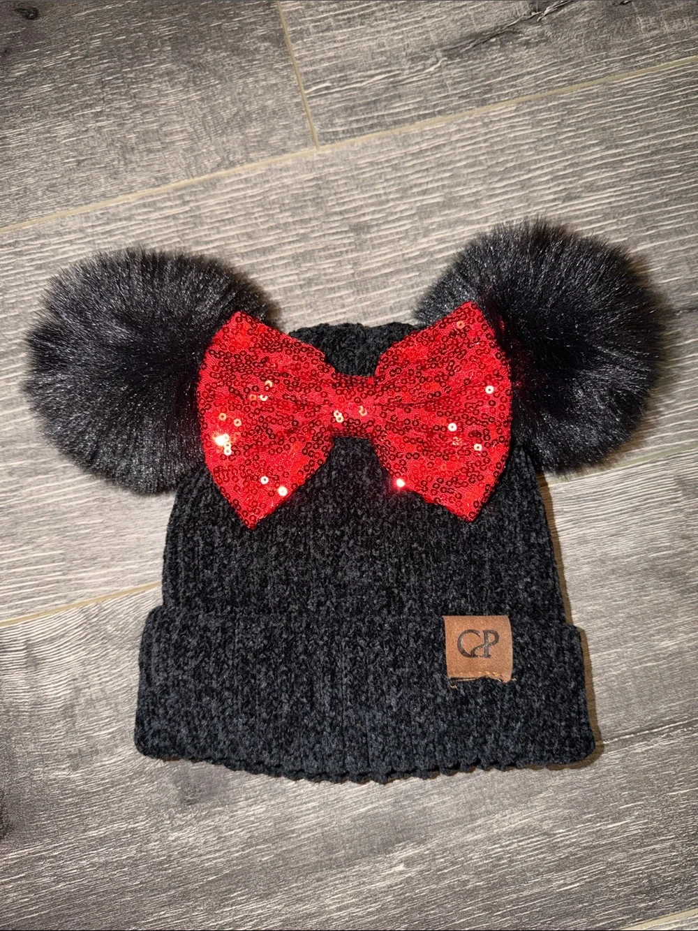 Kids Black Knit Pom Pom Beanie with Red Sequin Bow